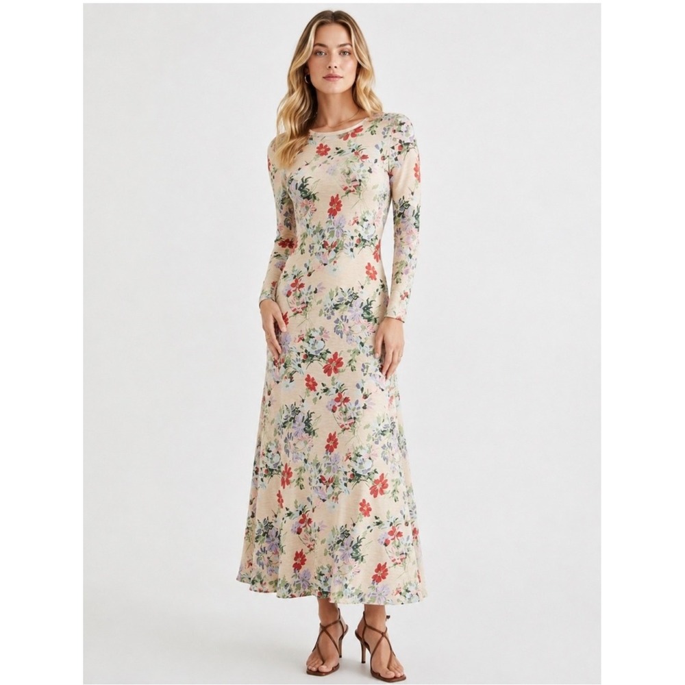 Polo Ralph Lauren Floral Waffle Knit Thermal Maxi Dress Tan Red Blue M NEW